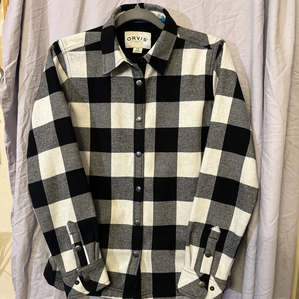 VTG  Orvis Jacket Mens Med Flannel Quilted Lined Black Plaid Outdoor Wool Blend