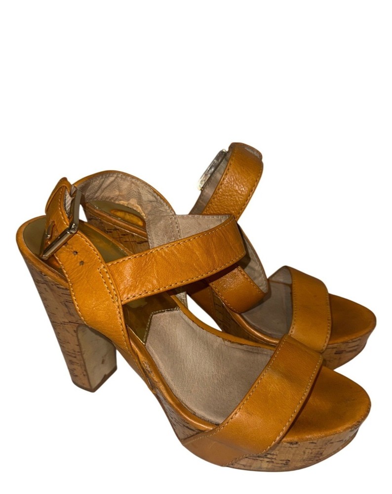 Michael Kors Womens Sandals Sz 8M Goldenrod Leather Strappy Cork Heel *Tiny Flaw