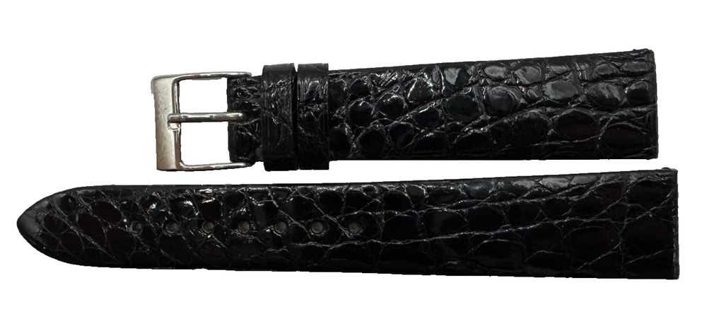 Elegant Genuine Black Crocodile Glossy Flat Strap 18/14mm Handmade in Italy