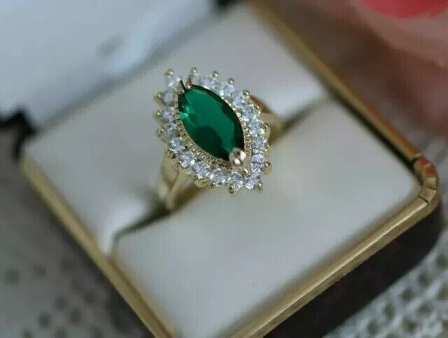 14K Gold Plated 3Ct Marquise Simulated Emerald Halo Engagement Ring