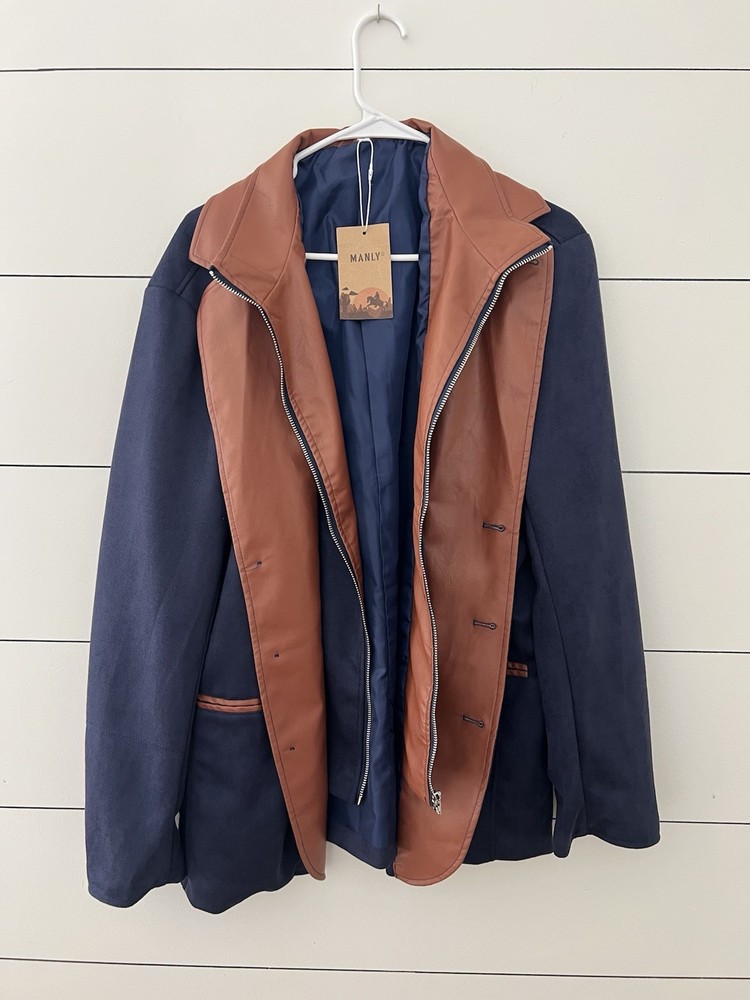 Manly Faux Leather Blazer Mens Cotton Linen Blend Double Button Zip Blue Suede