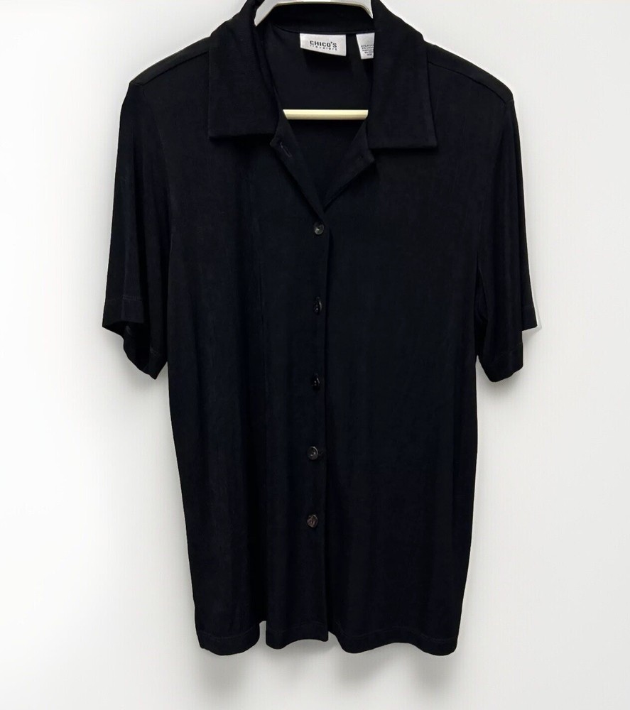 Chicos Tunic Shirt 1 Black Button Front  Acetate Knit Shoulder Pads Slinky VTG