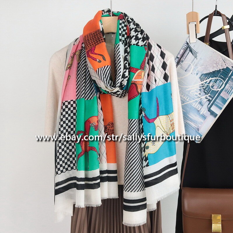 Sallys Cashmere Ring Scarf Wrap Shawl Horses Print Soft Delicate Light 78
