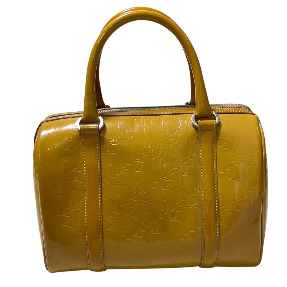 Christian Dior Mini Boston Bag Embossed Enamel Rare Yellow Used