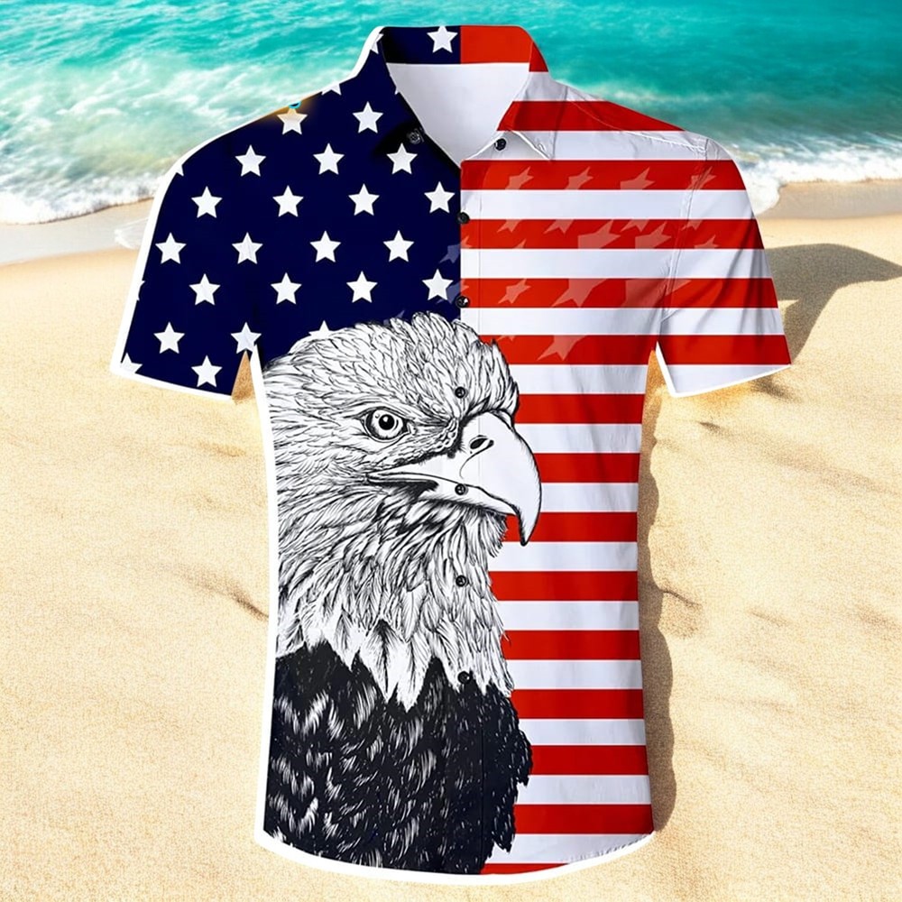 Funny American Flag Eagle Hawaiian Shirt for Men US Size Summer Style New