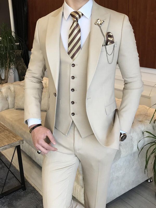 Traje Para Hombre Beige Formal Negocios Calce Ajustado Fiesta Baile de graduación Novio Esmoquin Boda Personalizado