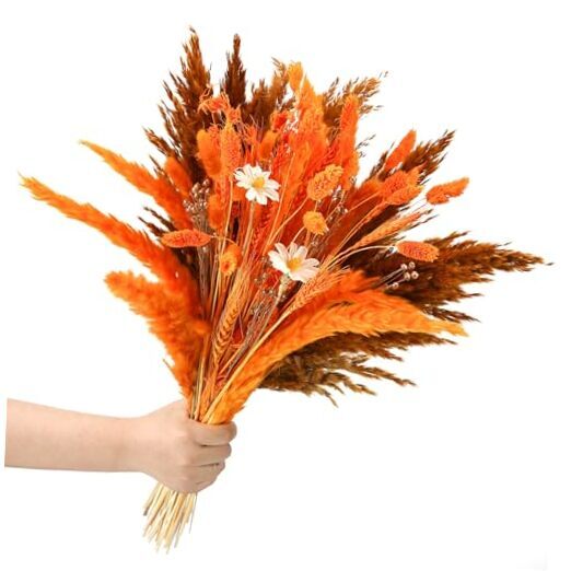 Thanksgiving Decor Fall Dried Flowers Mix Bouquet Orange Pampas Grass Natural