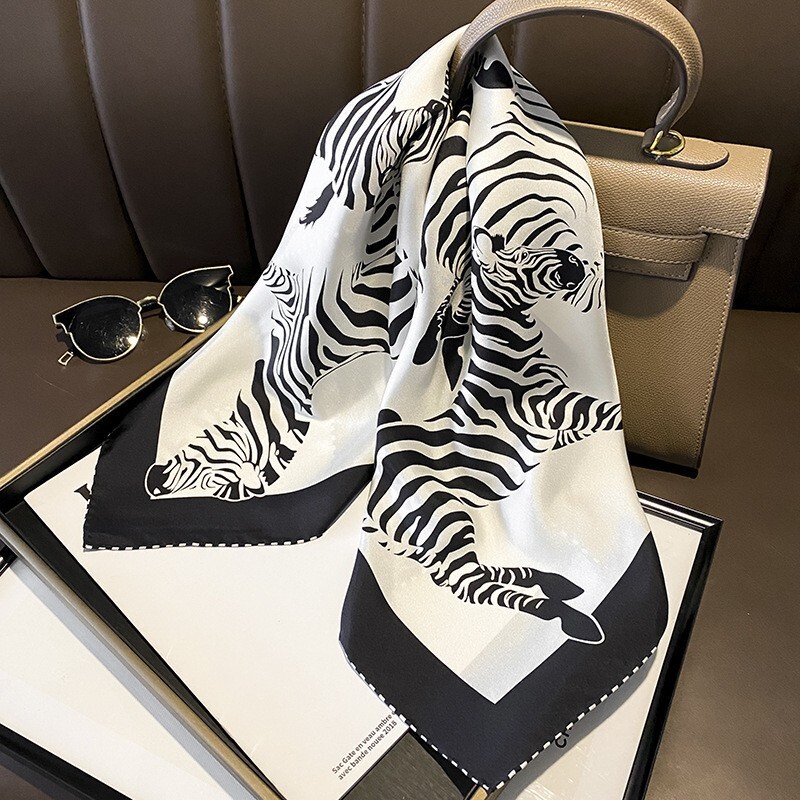 100% Silk Twill Zebra Print Scarf Women 14 Momme Kerchief Bandana Wrap 68x68cm