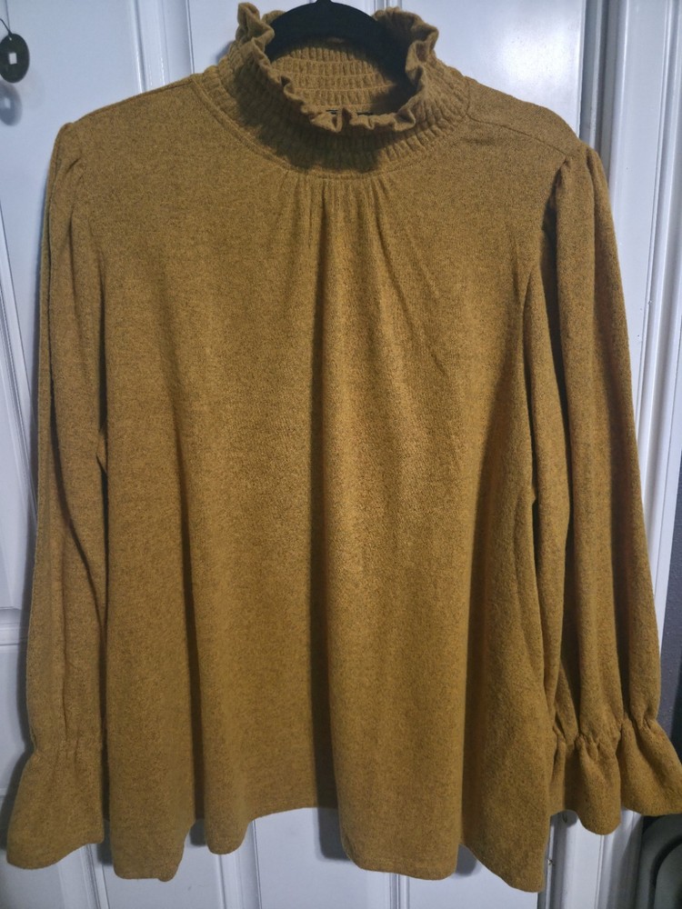 DG2 Diane Gilman Mustard Yellow Ruffle Mock Neck Pullover Long Sleeve Top 2X