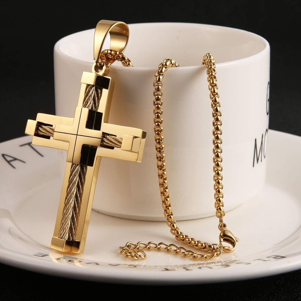Steel Cable Inlay Gentleman Double Layer Splice Cross Stainless Steel Necklace