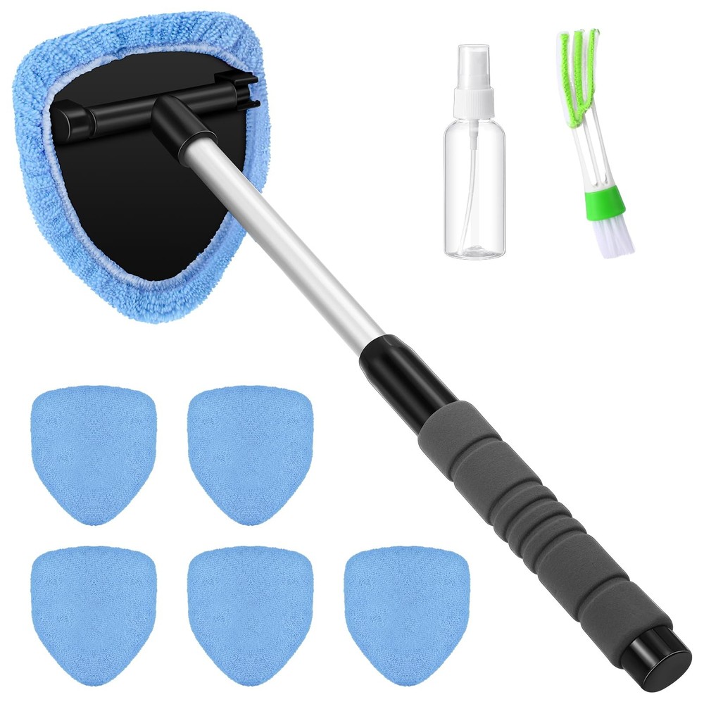 8-Piece Car Window Cleaner Kit with Extendable Handle & Microfiber Bonnets
