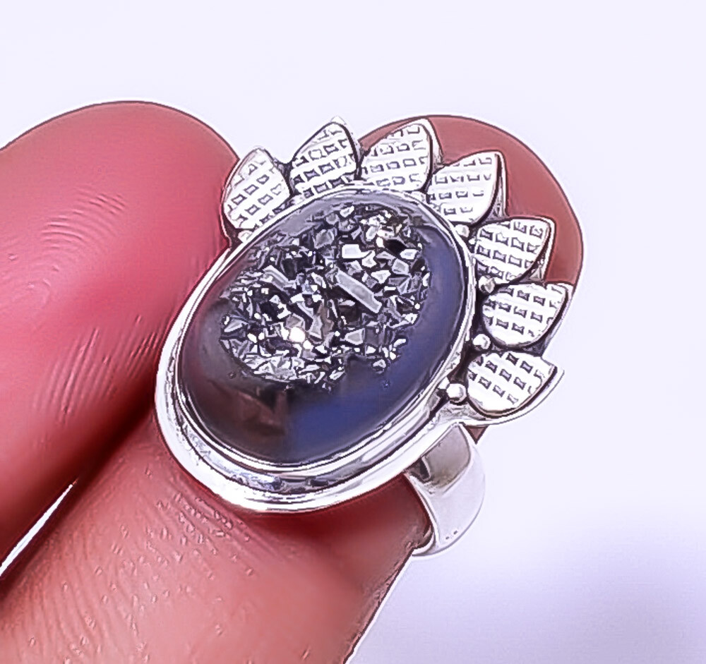 Titanium Carbon Agate Drusy Gemstone 925 Sterling Silver Ring Adst. (R1) A351