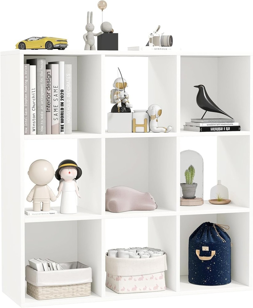 White 9-Cube Wood Bookshelf Storage Organizer for Home & Office