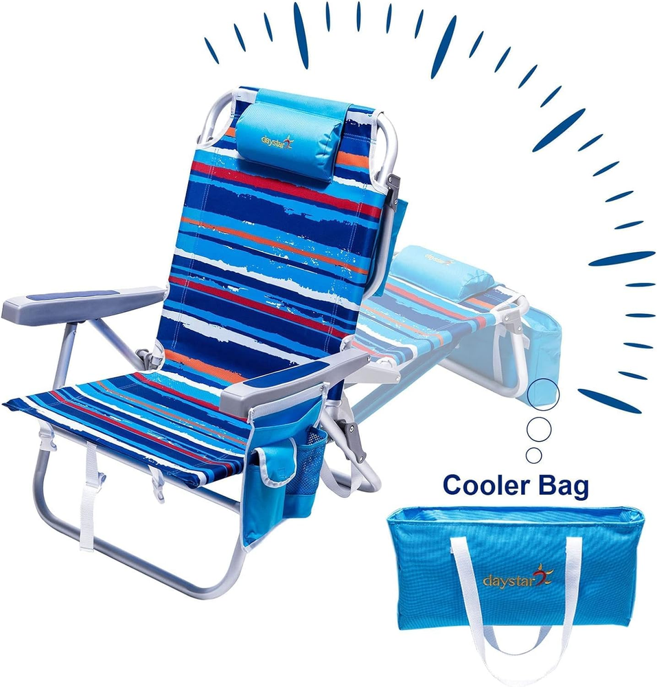 Low Beach Chair 5 Position Lay Flat, Portable Folding Backpack Beach Chairs Heav