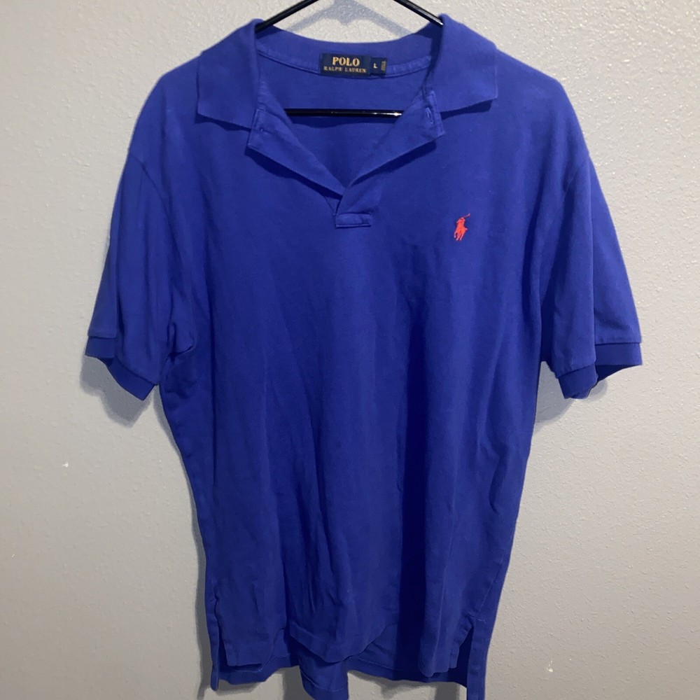Polo Ralph Lauren Men Collared Shirt Large Blue W/Orange Short Sleeve! SEE GREAT