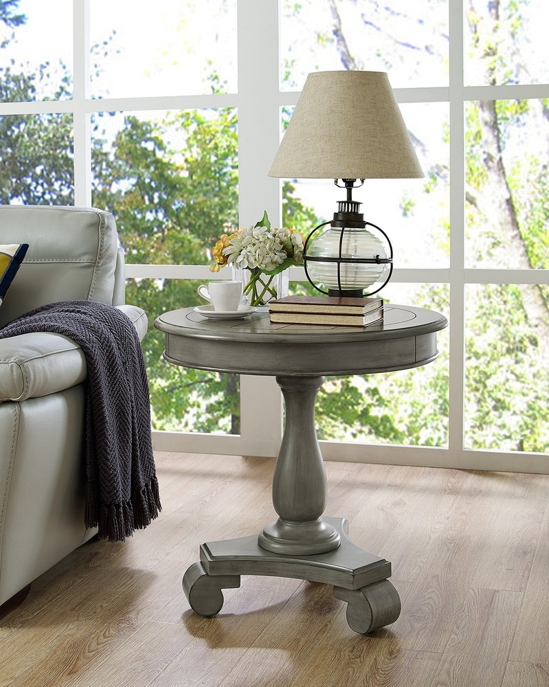 Contemporary Gray Wood Pedestal Side Table by Rene