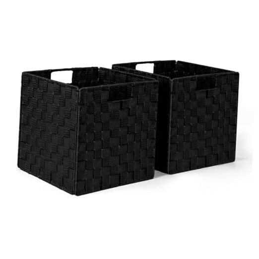 2-Pack Black Collapsible Ribbon Woven Storage Bins 11x11x11 with Metal Frame