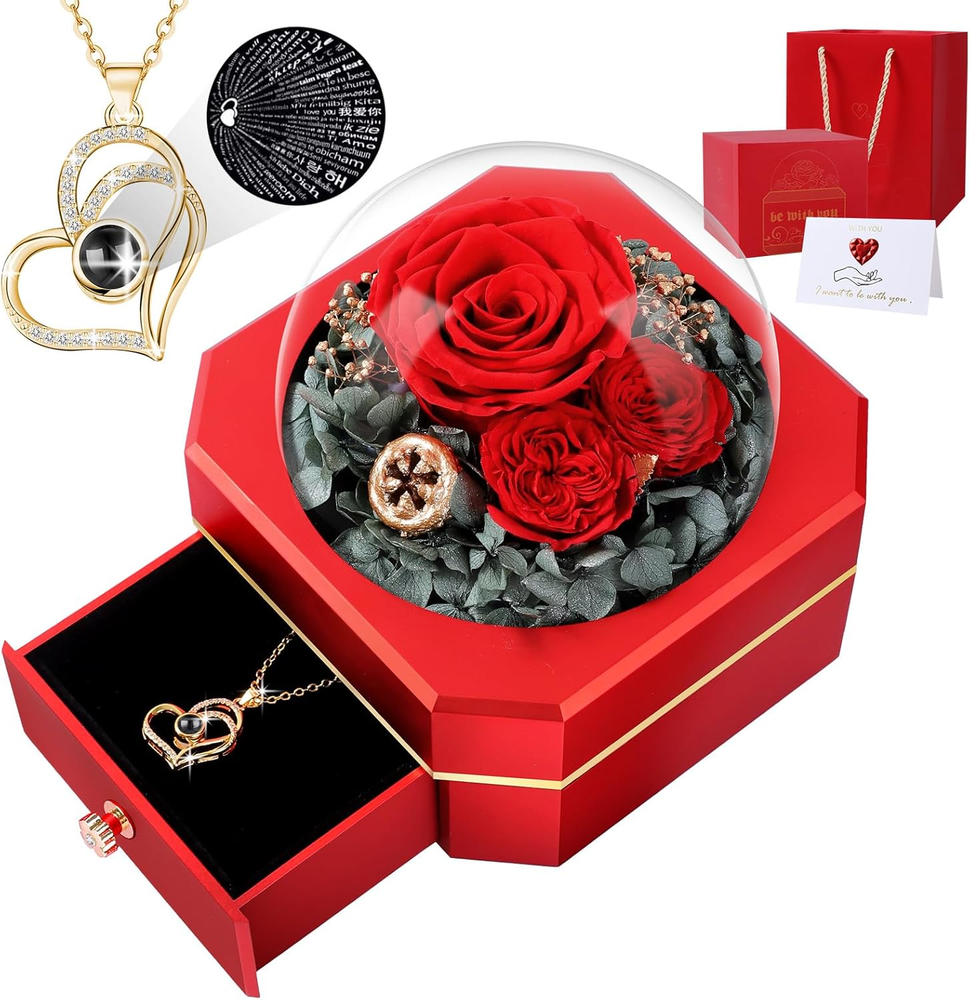 Preserved Real Rose Gifts for Women Mom Wife,Eternal Flowers Rose with I Love Yo