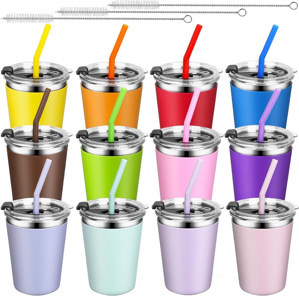 Colorful 12-Pack Insulated Toddler Sippy Cups with Removable Sleeves & Straws