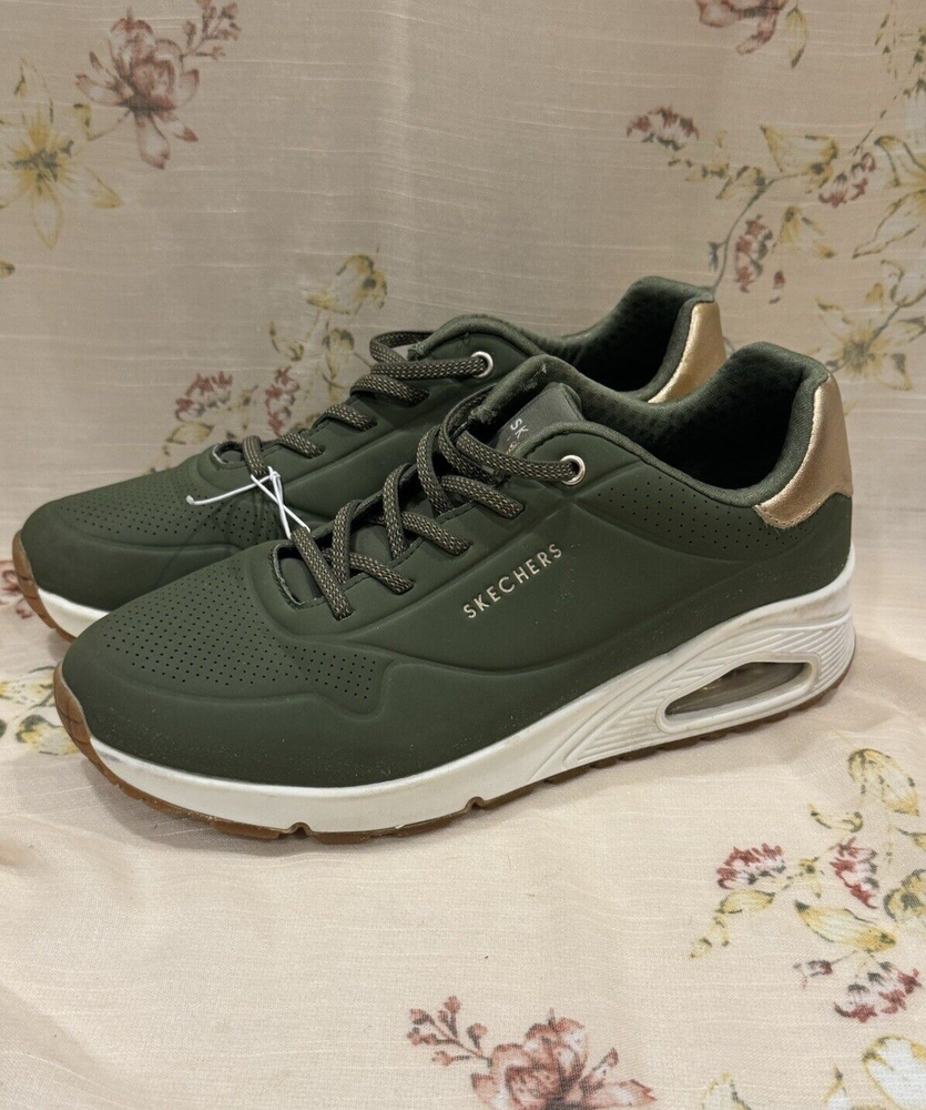 Skechers Uno Stand on Air Shimmer Away Metallic Women's Sneakers Olive Green 9.5