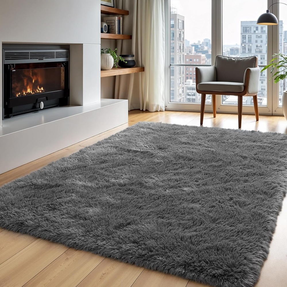 Grey Fluffy Soft Shag Area Rug 4x6 for Living Room or Bedroom