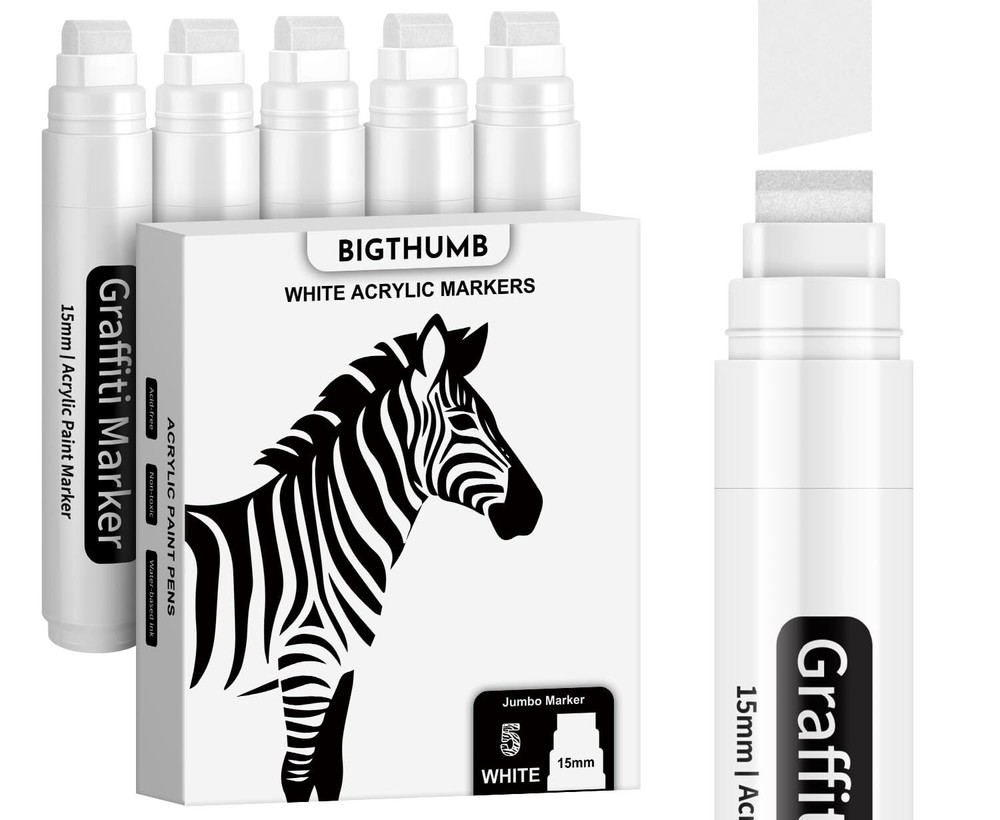 BIGTHUMB White Poster Markers Jumbo Paint Pen: 5 pcs 15mm Wide Tip Thick Acry...