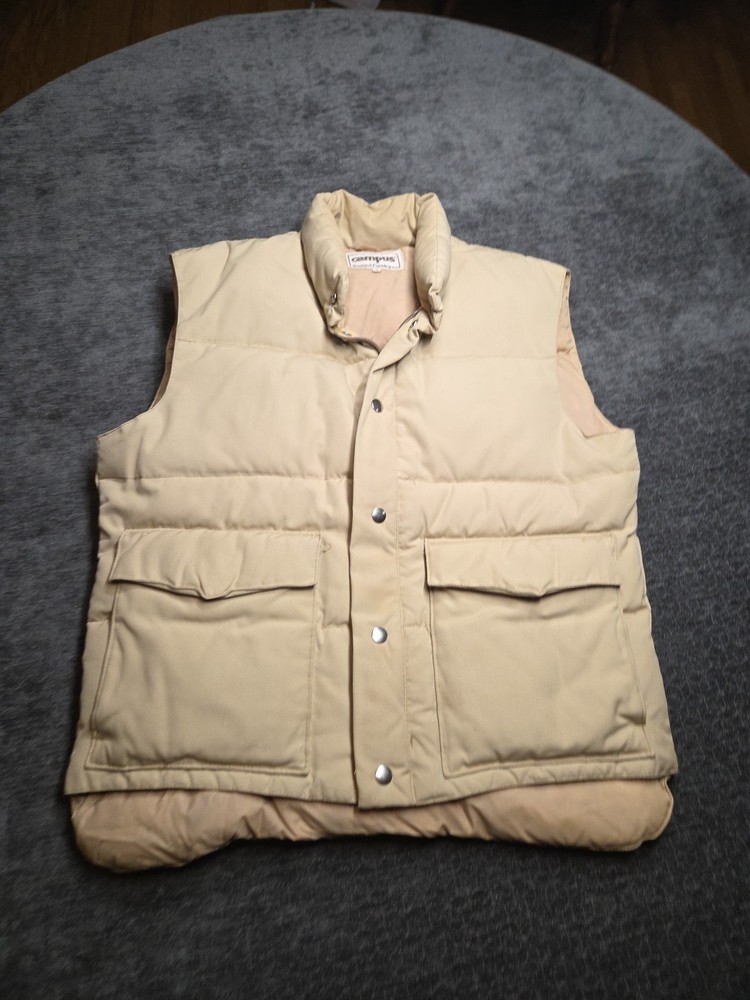 Vintage Mens Campus Rugged Country Down Filled Tan Puffer Vest Size M