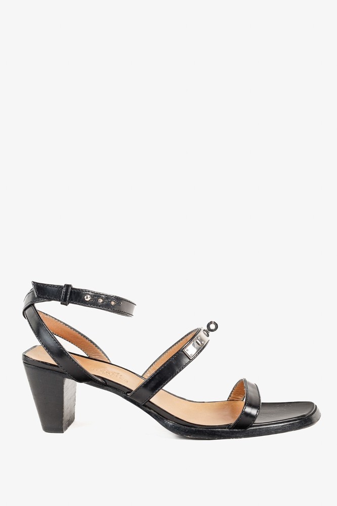 Hermes Black Leather Kelly Buckle Heel Sandal Size 6.5