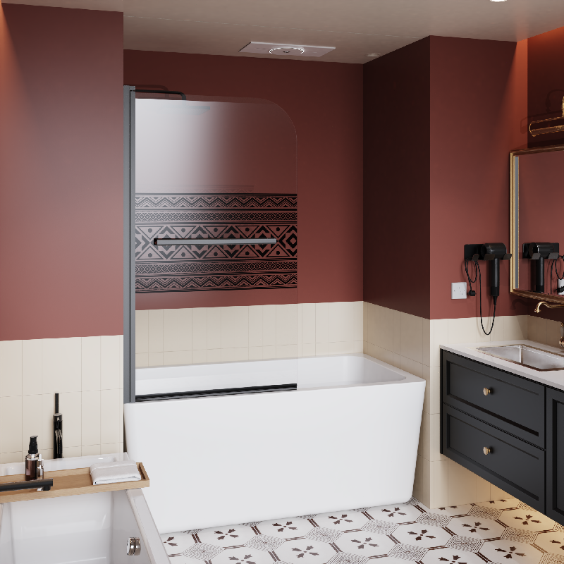 32W x 55H Bohemian Pattern Sliding Shower Door 1/4 Tempered Glass