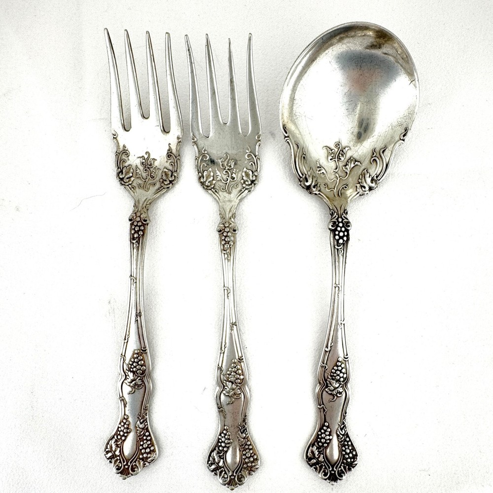 Lot of 3 1847 Rogers Bros Sugar Spoon & Salad Forks XS Triple Silverplate Grapes