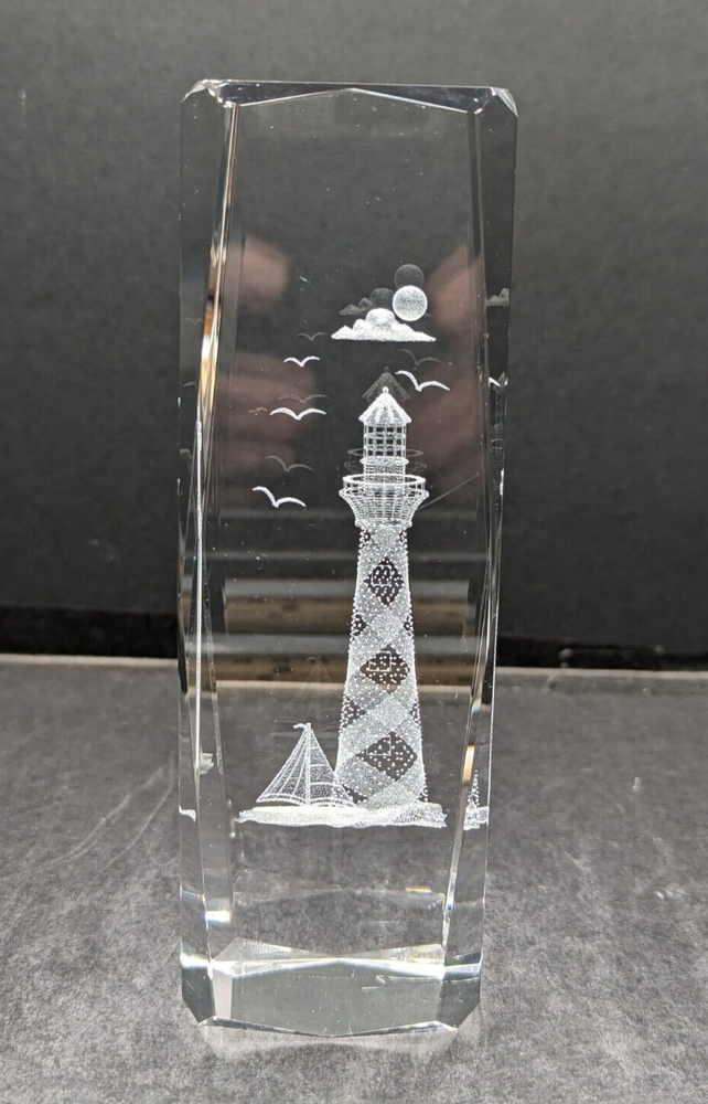 3D Laser Etched Prism Crystal Paperweight Lighthouse Sailboat Seabirds Clouds
