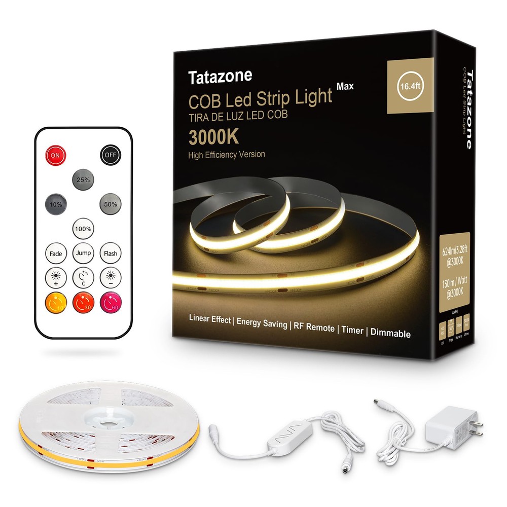 White COB LED Strip Lights 16.4ft 3000K Dimmable RF Remote Ultra Bright Light