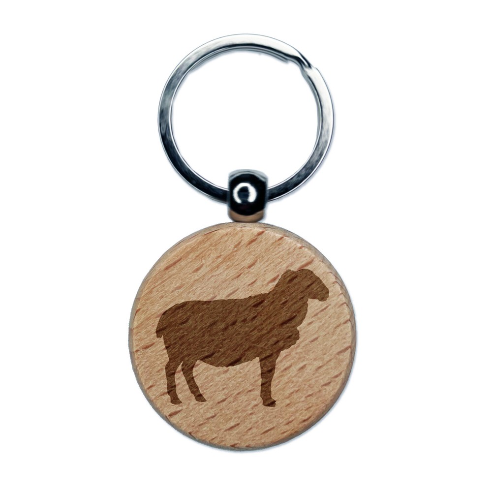Solid Sheep Farm Animal Engraved Wood Round Keychain Tag Charm