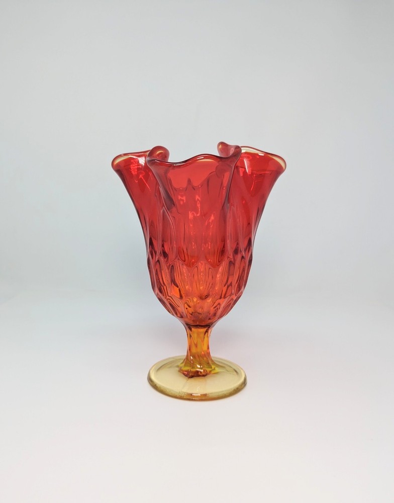 Fenton Art Glass Thumbprint Vintage Amberina Handkerchief Swung Pedestal 7