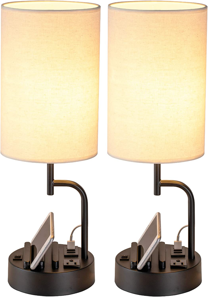 2Pcs Modern Desk Lamp with 3 USB Ports, AC Outlet, and Phone Holder