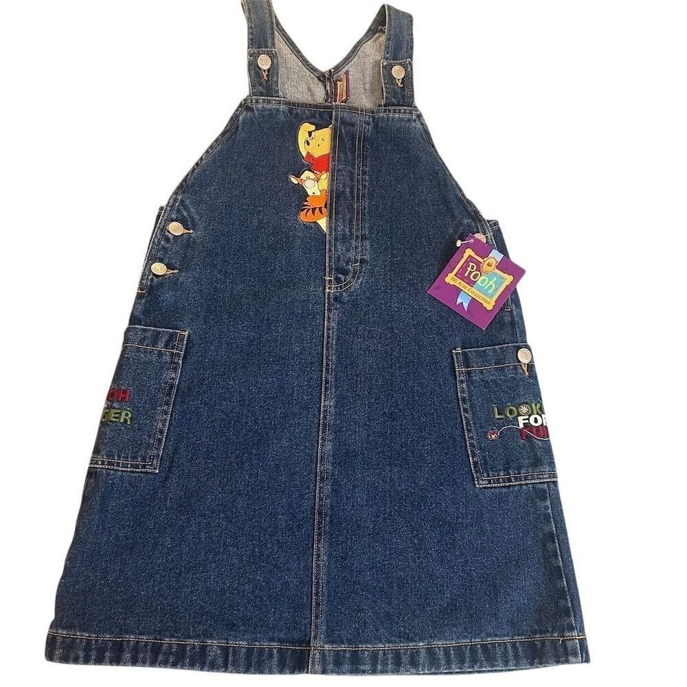 VTG Y2K Disney Winnie the Pooh Denim Overall Dress 100 Acre Collection Sz L 14