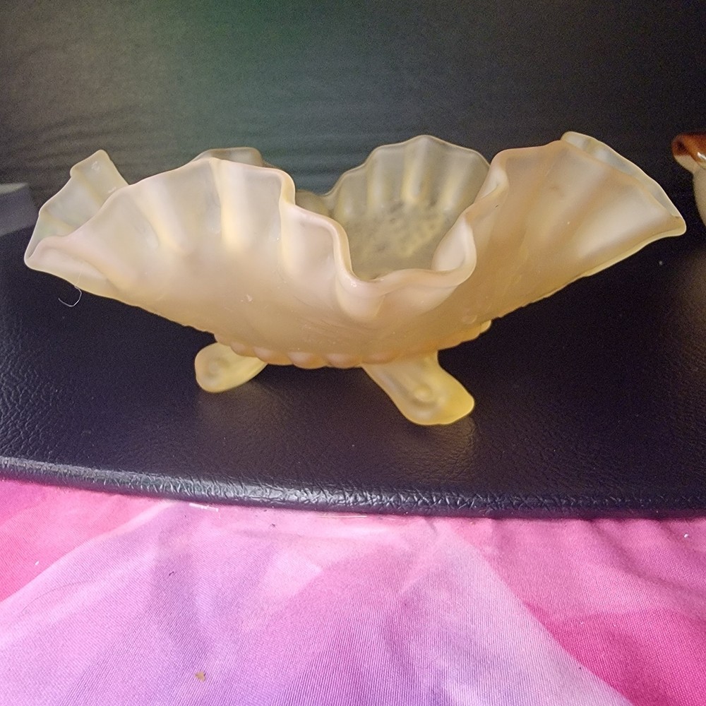 Vintage Westmoreland Yellow Satin 3-Footed Bowl with Crimped Grape Panel Edge