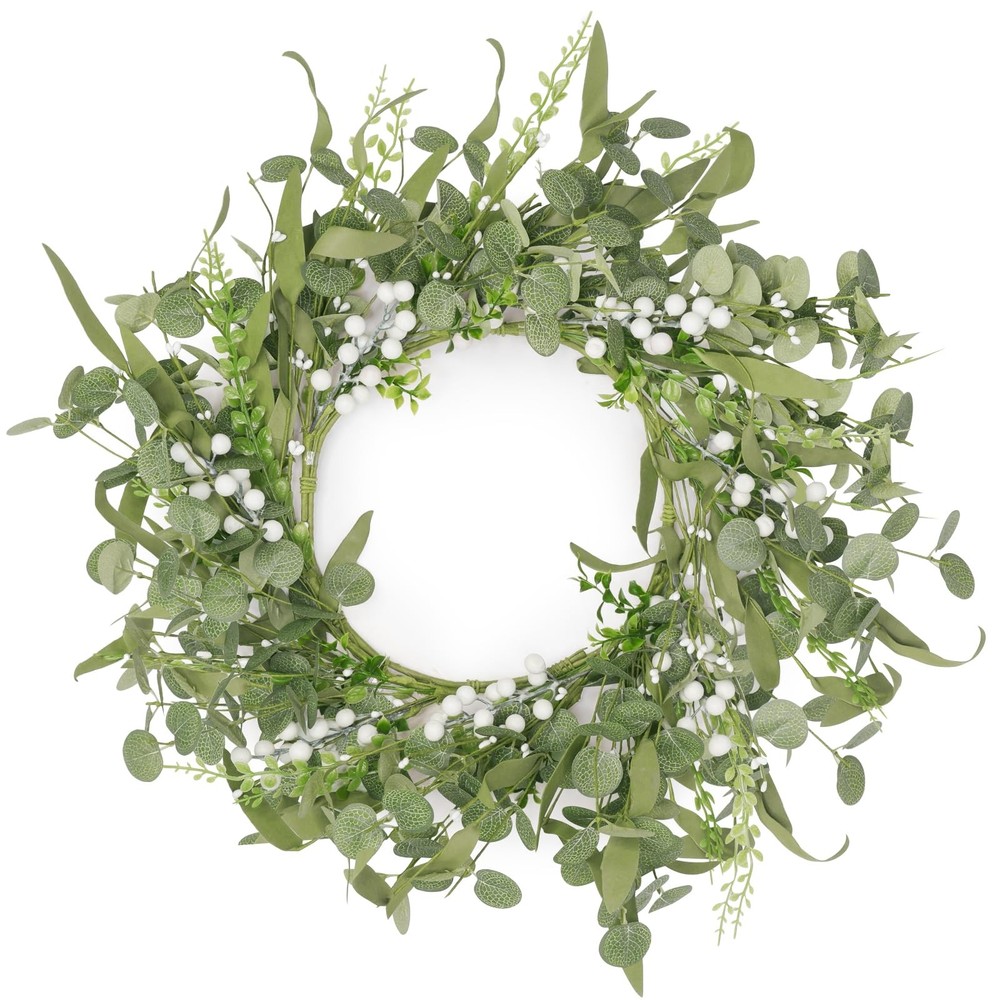20 Inch Lighted Artificial Eucalyptus Wreath for Front Door Spring Summer Decor