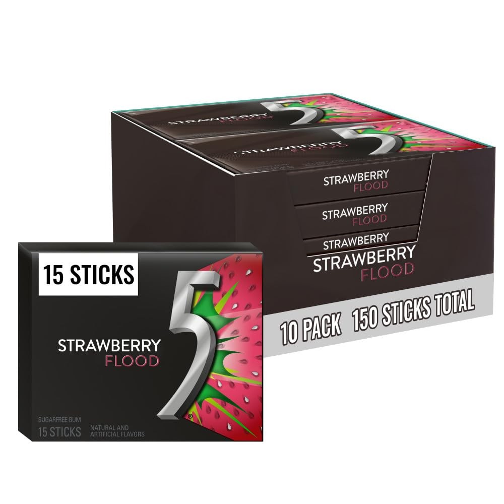 5 Gum Sour Strawberry Sugar Free Chewing 15 Count (Pack of 10), Red Candy
