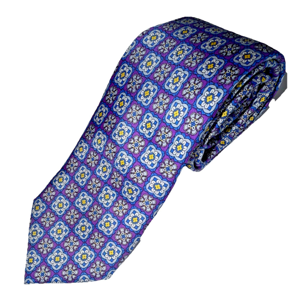 Cremieux 100% Silk Purple Blue Yellow White Geometric Men's Tie Woven Classic