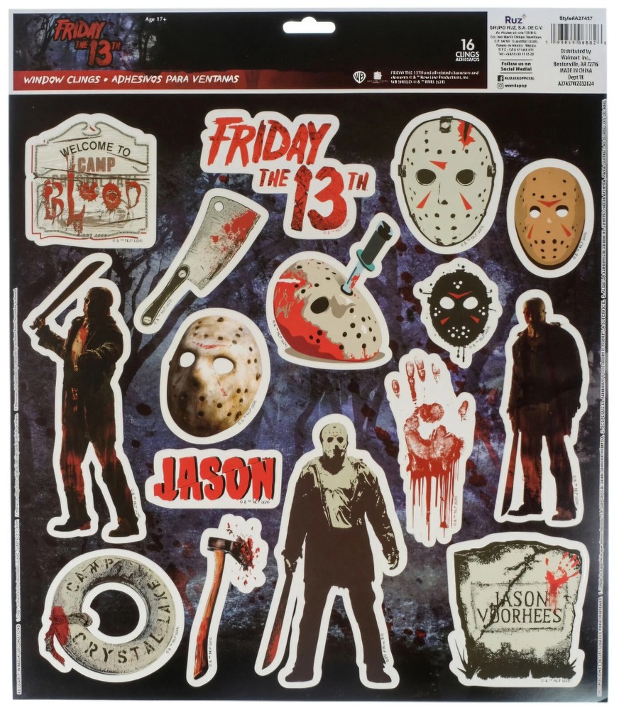 Jason Voorhees FRIDAY THE 13th - 16 Piece Vinyl Static Window Clings, NEW
