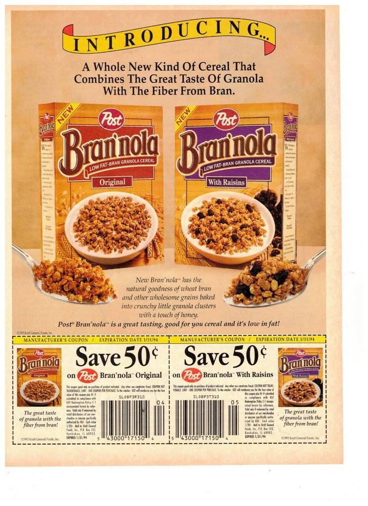 Post Brannola Cereal Introducing Coupon Vintage 1993 Print Ad-image