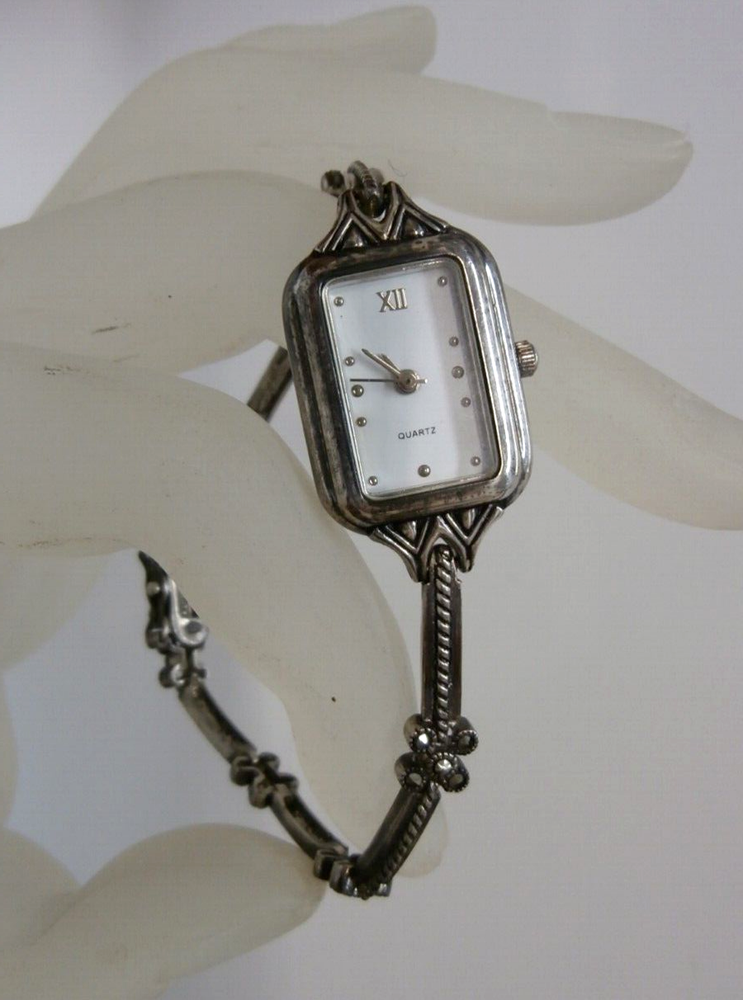 Jasco Time Vintage Sterling Silver Marcasite Watch 21.9 Grams Needs Battery