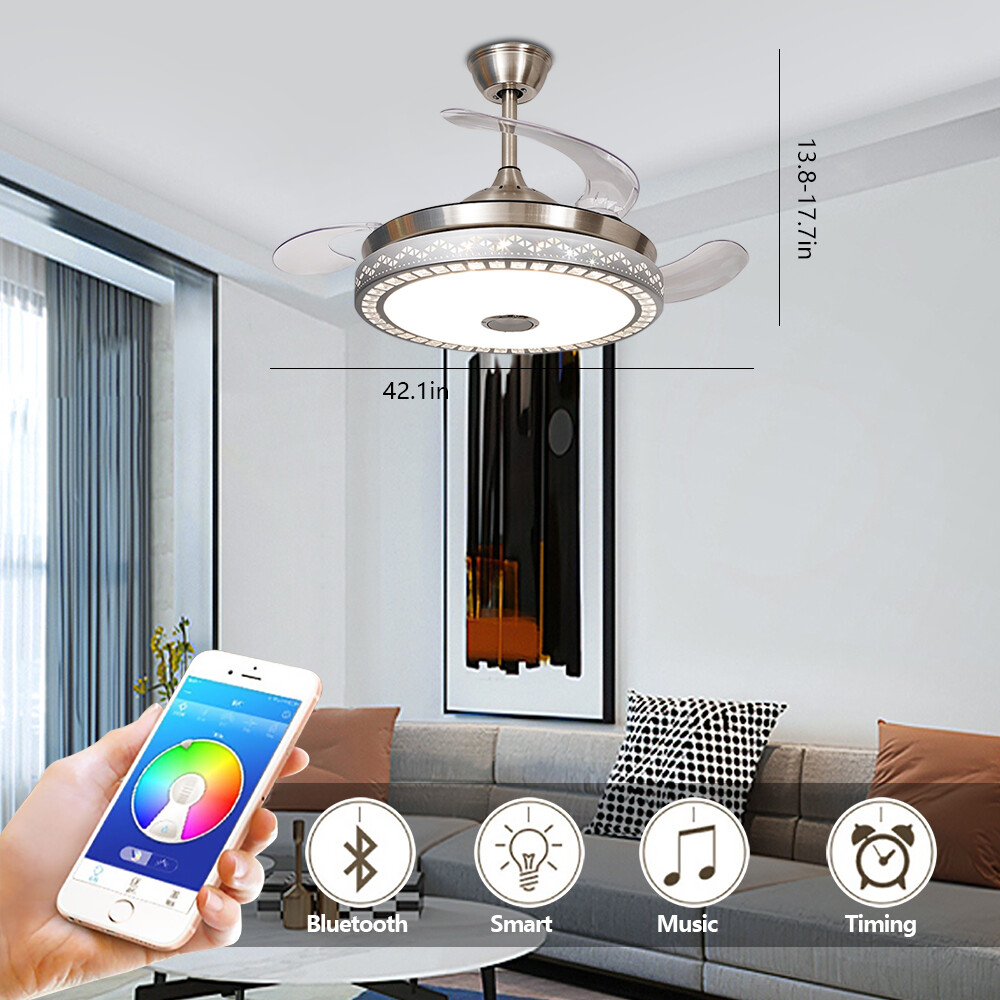 42-Inch Retractable Ceiling Fan with LED Light Bluetooth Speaker Remote Control 3 Color Options  