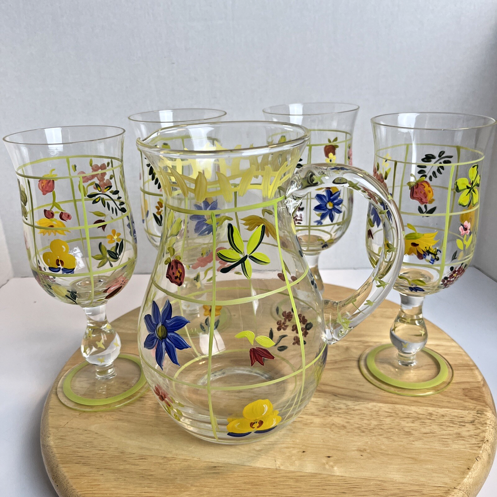 Vintage Floral Hand-Painted Pitcher and 4 Stemmed Glasses Cottage Core Style