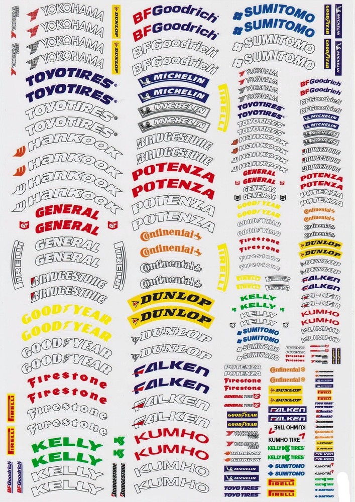 Tyre Tire Manufacturers Sticker Sheet A4 for 1:10 RC car, truck or crawler