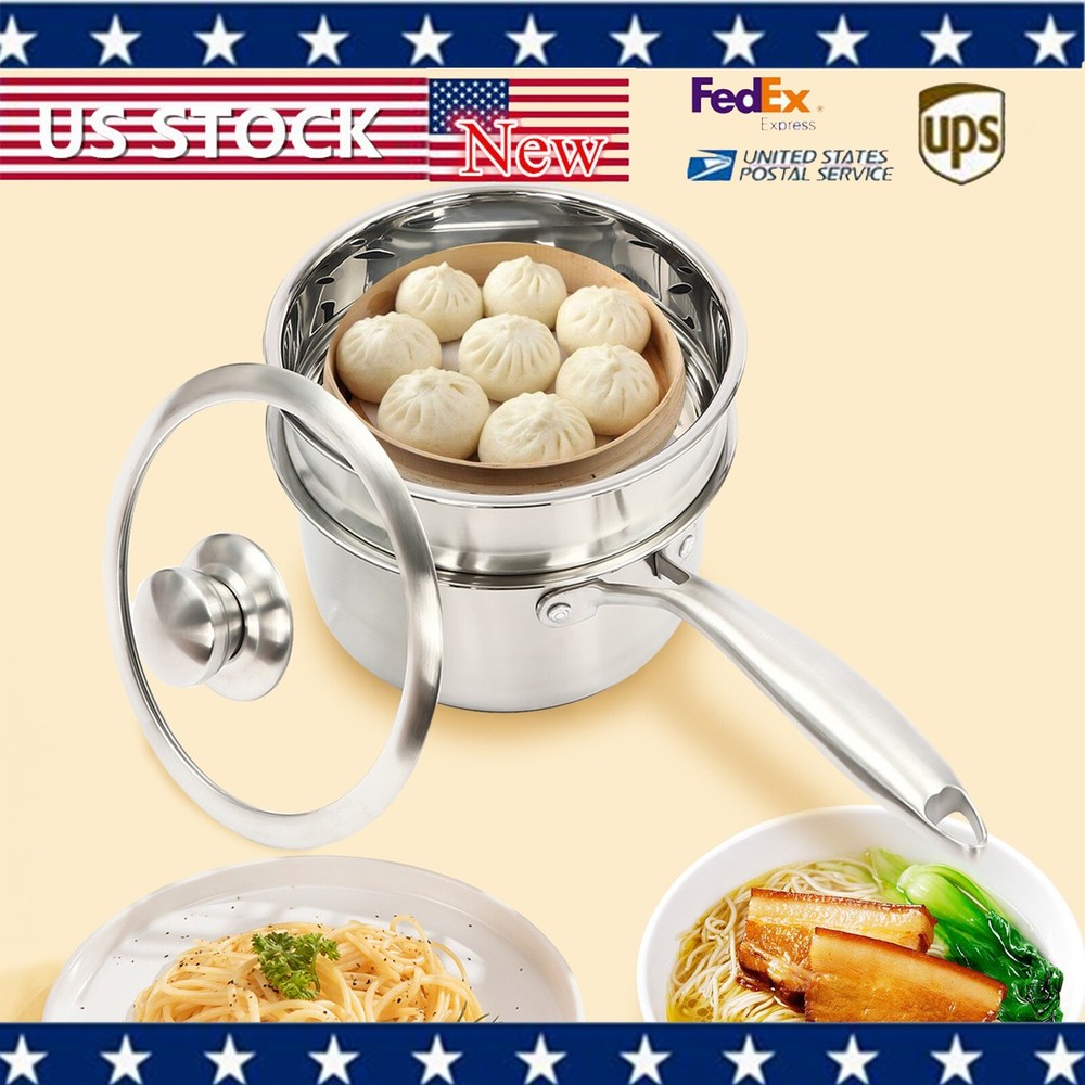 Large Capacity Stainless Steel Saucepan with Steamer and Glass Lid