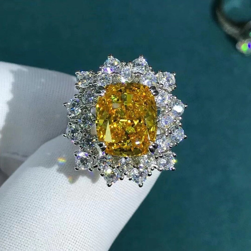 6 Carat Cushion Cut Deep Yellow Moissanite Halo Ring in 10K Gold