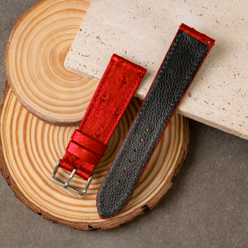 18mm Flat Ostrich Watch Strap, Red Ostrich Leather Watch Band, Quick Release