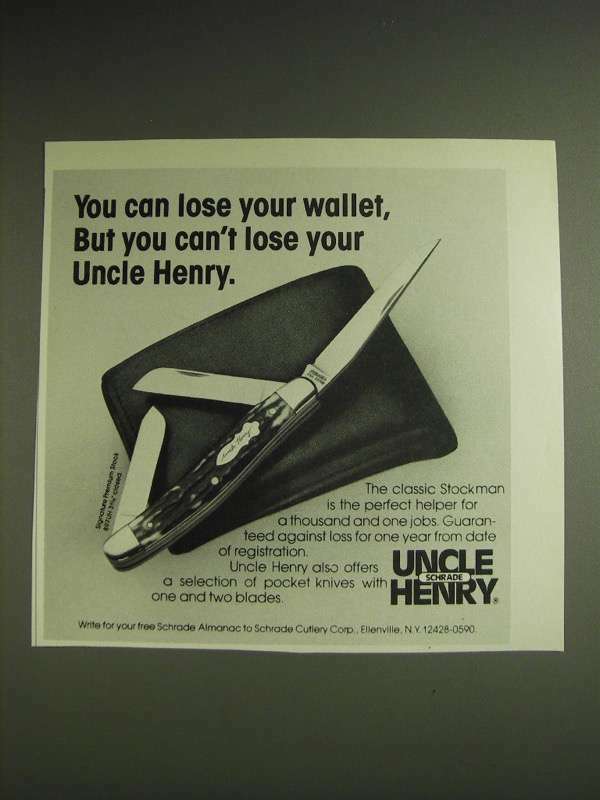 Vintage 1984 Schrade Uncle Henry Stockman Knife Ad Durable and Reliable
